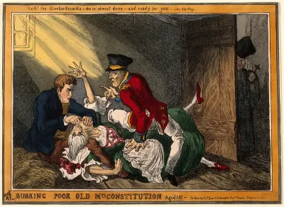 Wellington and Peel in the roles of the body-snatchers Burke and Hare suffocating Mrs Docherty for sale to Dr