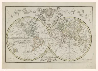 Wereldkaart, verdeeld in kaart van het oostelijk- en het westelijk halfrond