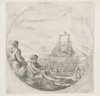 Werklieden die een schip bouwen