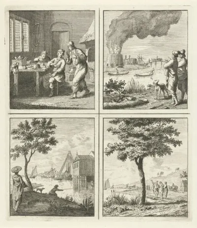 Werkplaats / Brandend gebouw / Heien / Boom aan het water