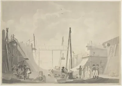 Werkzaamheden aan de zeesluis en droogdok te Hellevoetsluis, ca. 1802