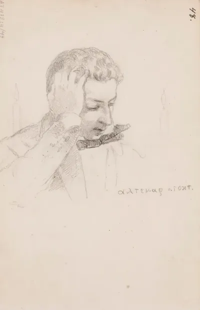 Werner Holmbergin muotokuva taiteilijatoverin tekemänä (Altenar 5.10.1854 kreikan kielellä)