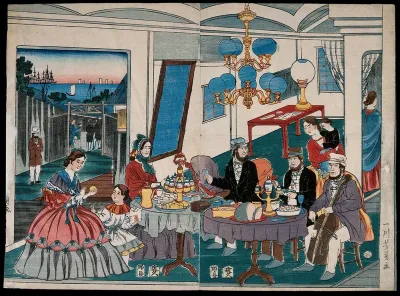 Westerners at Yokohama, Japan, enjoying a lavish tea ceremony as a cellist plays to them