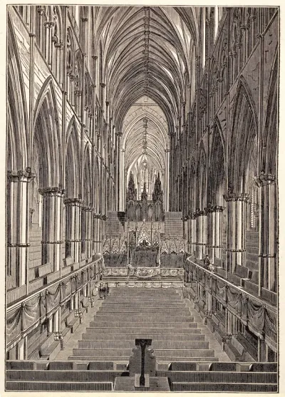 Westminster Abbey: interior looking east during the Royal Music Festival, 1834