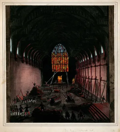 Westminster Hall: fire-fighters preventing the fire of 1834 from entering the hall