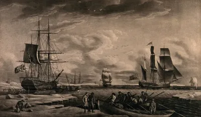 Whaling: sailors arriving at Greenland to kill whales, their ships being out at sea
