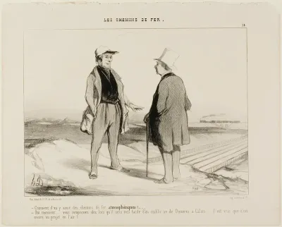 “- What do you mean, there are soon going to be air trains? - But of course, Monsieur... you see, it will then be very easy to establish a connection between Dover and Calais... but of course, the project is still suspended in air,” plate 14 from The