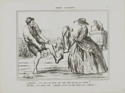 “- What? you are pressing the grapes with your feet?… - Sure, and it's not dirty at all… since I took off my shoes!,” plate 1 from Croquis D'automne