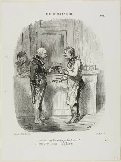 “- Whatever became of you, Mr. Brown? - I became an unlicensed broker at the Stock Exchange...,” plate 29 from Tout Ce Qu'on Voudra