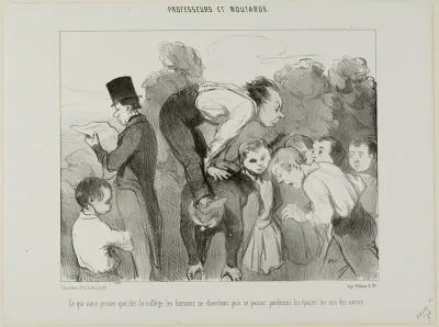 Which proves again that already since high school man supports himself on the shoulders of his kin in order to advance in life, plate 30 from Professeurs Et Moutards