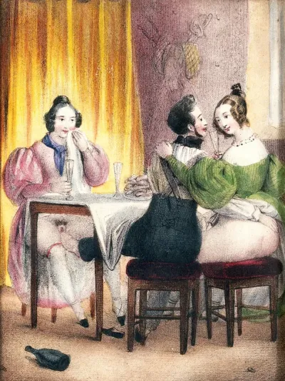 While dining with two women, a man pleasures one of them with his foot