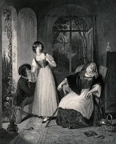 While her mother sleeps, a girl keeps watch on her as her lover on bended knee kisses her hand