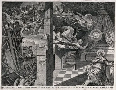 While Joseph works in his carpenter's shop, the angel steals into the house and announces the birth of Christ to Mary