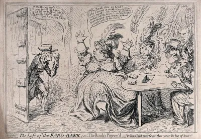 While Lady Buckingham is gambling with her cronies, her husband enters to report the theft of the bank