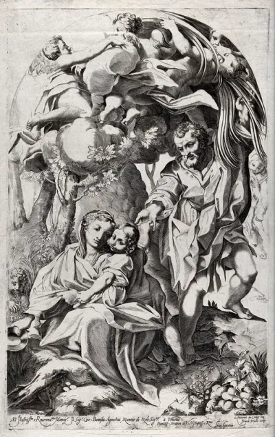 While the holy family rest on the way to Egypt, Joseph bends over a palm tree to provide them with dates