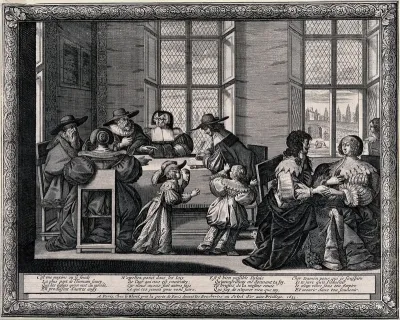 While the older generation sit at a table doing business, a young couple betrothe themselves to each other; two children play with a mask