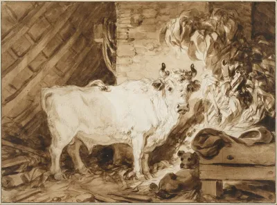 White Bull and a Dog in a Stable