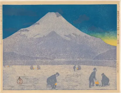White dusk at a mountain lake, ice-fishing for wakasagi fish