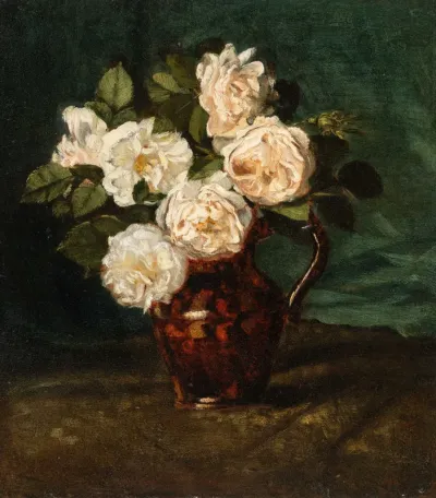 White roses in a bulbous jug
