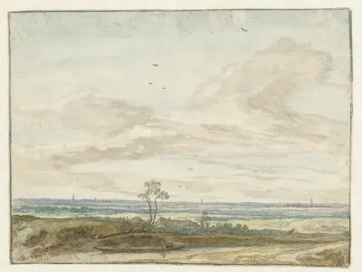 Wijd landschap met een weg langs een vaart