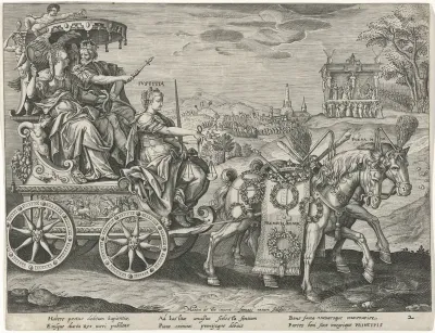 Wijsheid samen met Justitia en een koning op een triomfwagen
