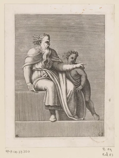Wijzende oude man met kind