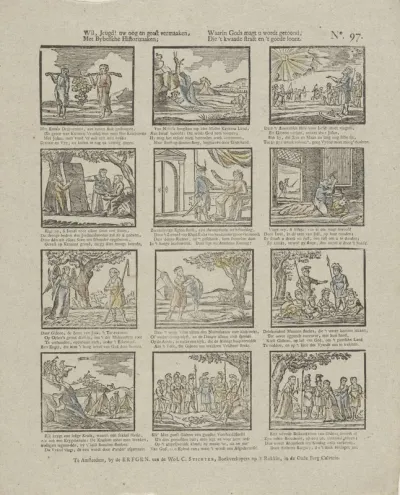 Wil, jeugd! uw oog en geest vermaaken, / Met Bybelsche historizaaken; / Waarin gods magt u wordt getoond, / Die 't kwaade straft en 't goede loont
