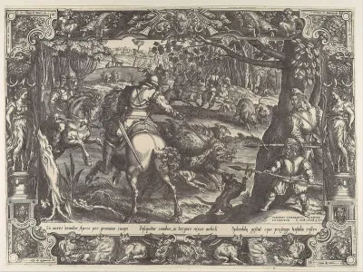 Wild Boar Hunt with Spears, from "Hunting Scenes in Ornamental Frames"