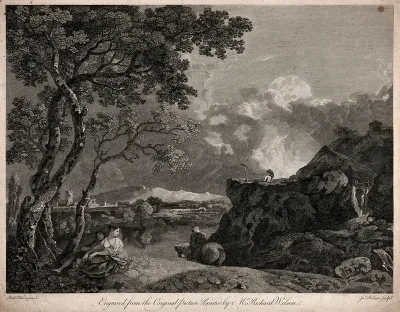 Wild countryside with a stormy sky; two men in prayer before a cross