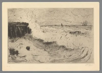 Wilde zee met een zeilschip bij een pier