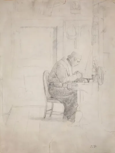 Wilhelm von Wright Sitting at His Workbench, drawing for the painting Interior of the Marieberg Workshop