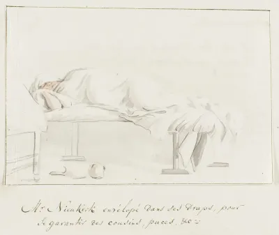 Willem Hendrik van Nieuwerkerke ligt gewikkeld in laken op bed om zich te beschermen tegen muggen en vlooien