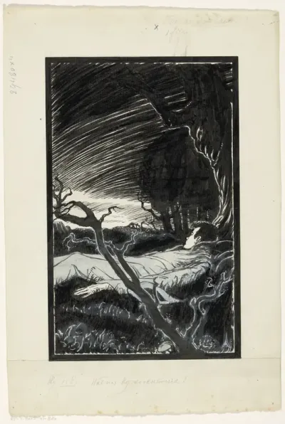 Willem slaapt in een landschap bij nacht