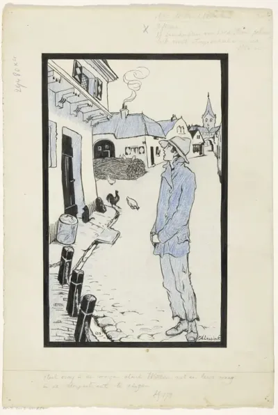 Willem staat te zingen in een verlaten dorpsstraat