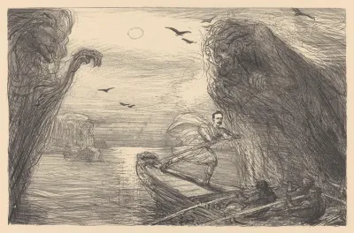 Willem Treub als Odysseus tussen Scylla en Charybdis