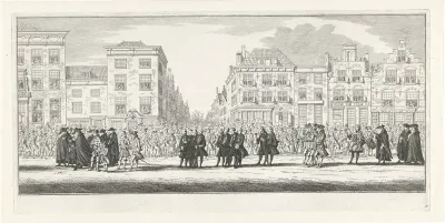 Willem V gevolgd door hofdienaren in de lijkstoet van Anna van Hannover te Delft, 1759