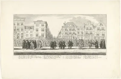 Willem V gevolgd door hofdienaren in de lijkstoet van Anna van Hannover te Delft, 1759