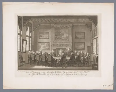 Willem V neemt zitting als bewindhebber van de V.O.C., tijdens zijn bezoek aan Amsterdam in 1768