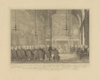 Willem V van Oranje-Nassau en Wilhelmina van Pruisen ontvangen door de vroedschap van Amsterdam, 1768