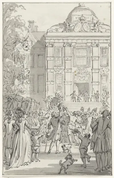 Willem V vertoont zich als Ridder in de Orde van de Kousenband op het bordes van Huis ten Bosch, 1752
