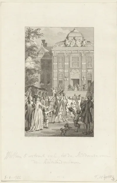 Willem V vertoont zich als Ridder in de Orde van de Kousenband op het bordes van Huis ten Bosch, 1752