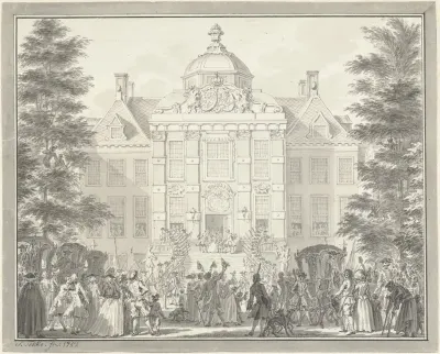 Willem V vertoont zich als Ridder in de Orde van de Kousenband op het bordes van Huis ten Bosch, 1752