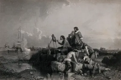 Willem van de Velde painting at his easel on the shore watched by a group of onlookers