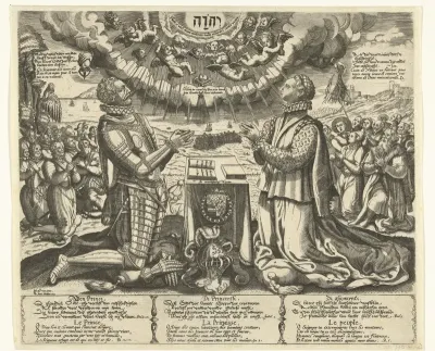 Willem van Oranje en Charlotte van Bourbon knielend in landschap