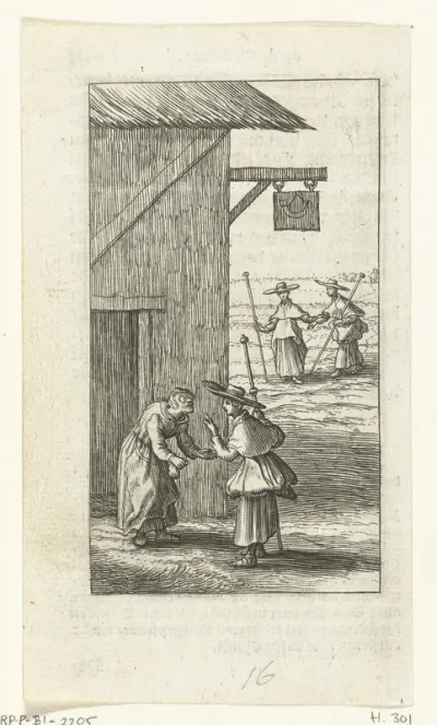 Willemynken en bedelende oude vrouw voor herberg