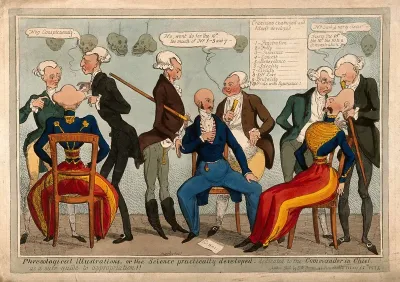 William Battier and two officers of the Tenth Hussars having their heads examined by six phrenological practitioners