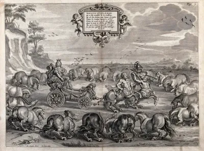 William Cavendish, Marquis (from 1665 Duke) of Newcastle, in a chariot drawn by two centaurs, surrounded by kneeling horses