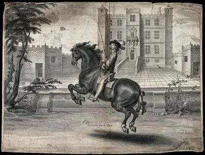 William Cavendish, Marquis (from 1665 Duke) of Newcastle performing dressage in front of Bolsover Castle