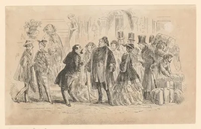 William Dorrit en een groep reizigers met koffers