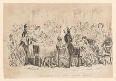 William Dorrit spreekt een groep mensen rondom een tafel toe